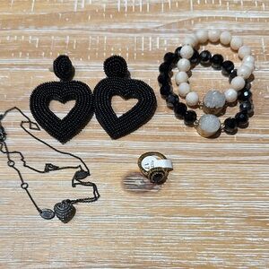 Elegant Black Heart Earrings and Bracelet Set